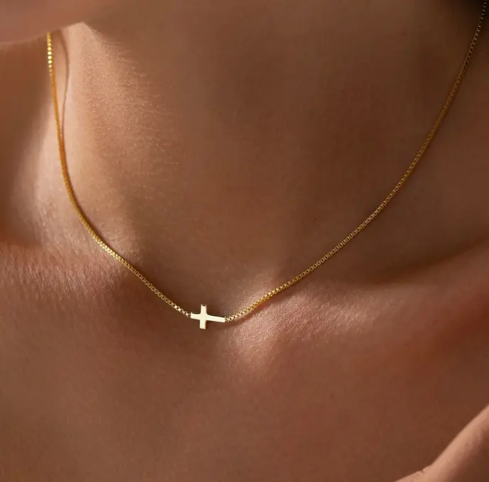 AMICON Gold Plated Sideways Cross Necklace for Women, Minimalist Dainty Faith Jewelry, Adjustable Box Chain for Layering, Cross Pendant, Gold Jewelry, Necklaces, Alloy Necklaces