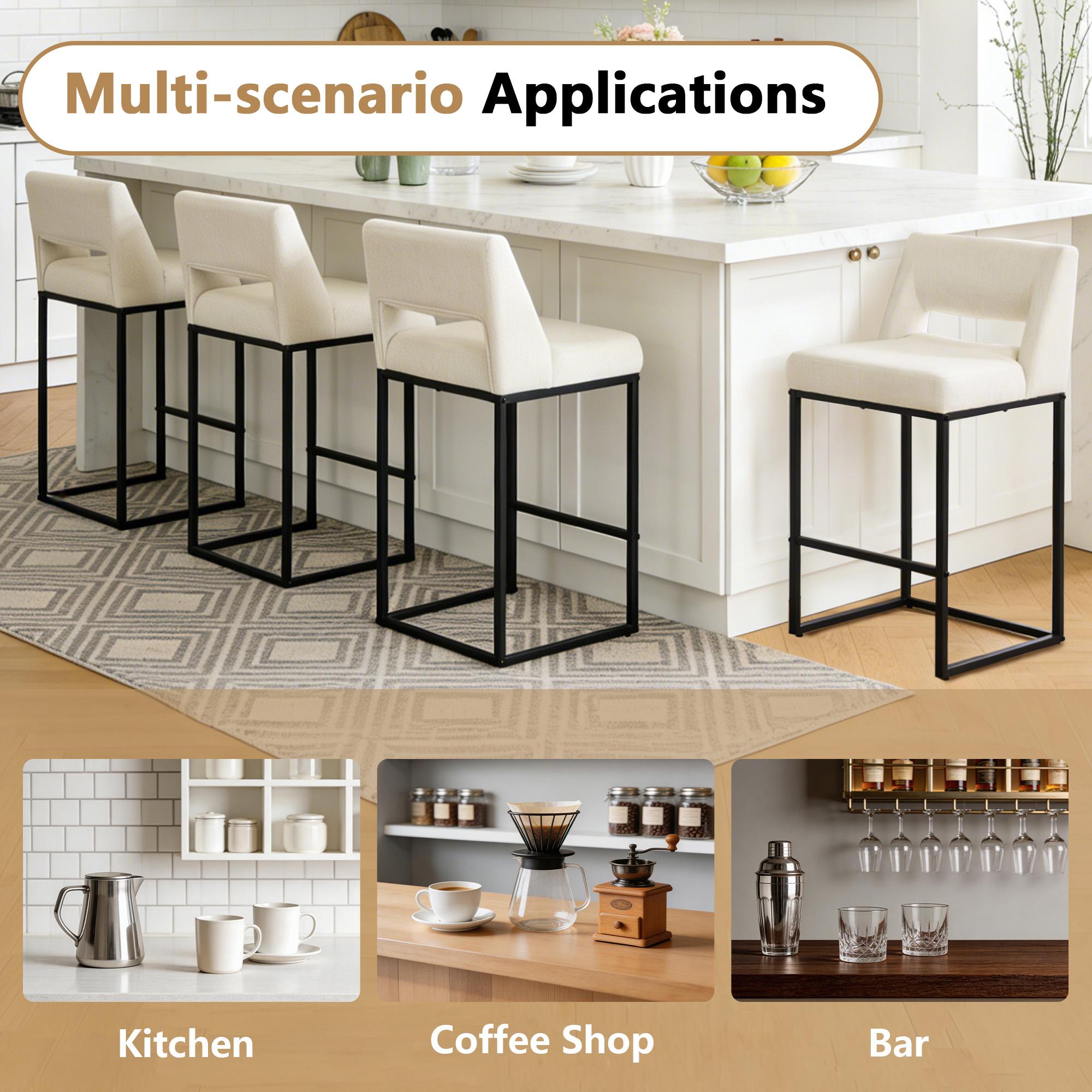 Upholstered Counter Height Stools Set of 2/3/4 Linen Bar Stools with Metal Legs and Open Back for Modern Kitchen Decor