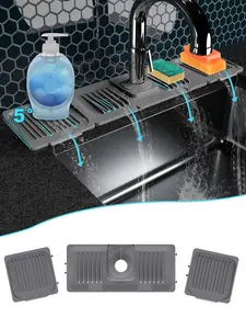 Abulun spliced sink splash guard-silicone draining mat for kitchen sink-faucet drain pad with 2 sponge holder and dish soap tray-rubber handle drip catcher protector accessories behind faucet