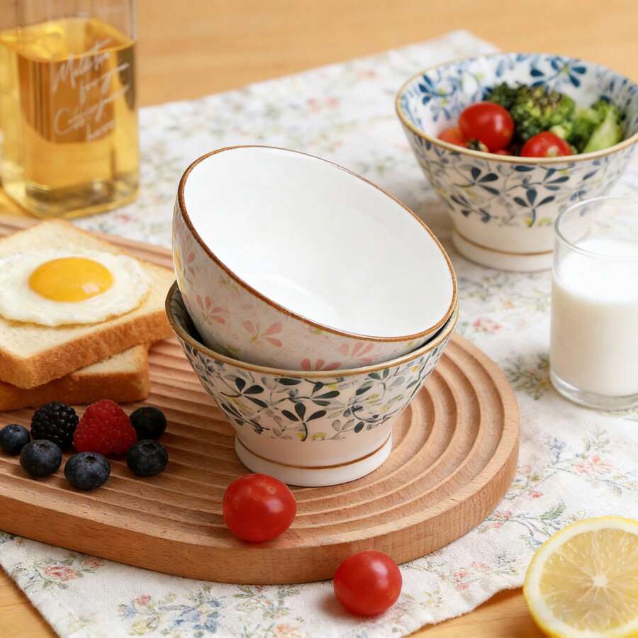 Four-piece ceramic floral dinnerware set, Japanese-style kitchen bowls, decorative bowls for living room and kitchen, four-color dinnerware set, suitable for microwave, oven, refrigerator, and dishwasher(Spoon not included)