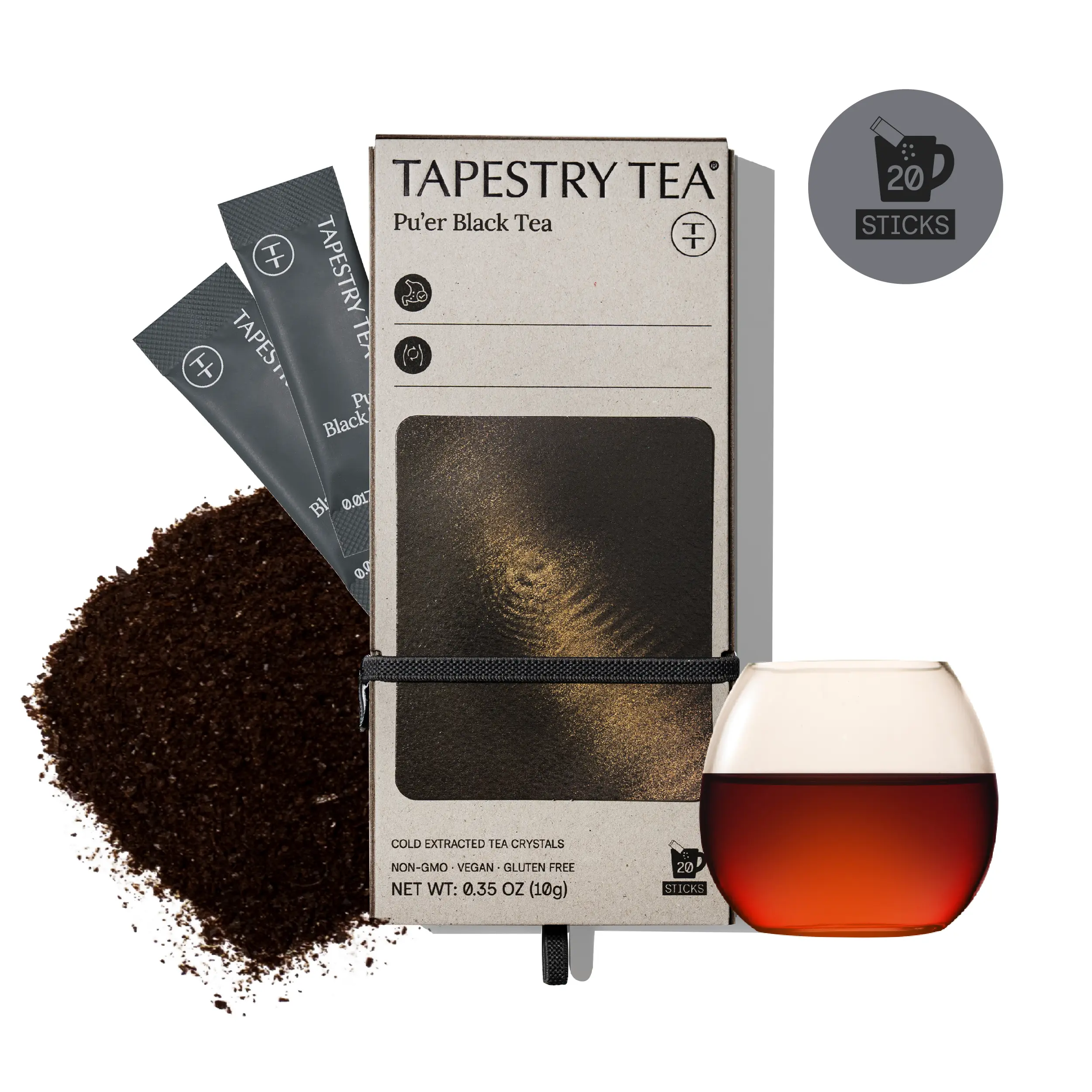 Tapestry Tea Premium Pu'er Black Tea Crystals | 3 Seconds to Daily Vitality | Hot or Cold Brew | 100% Whole Leaf Cold-Extracted Instant Tea Powder | 20 Sticks