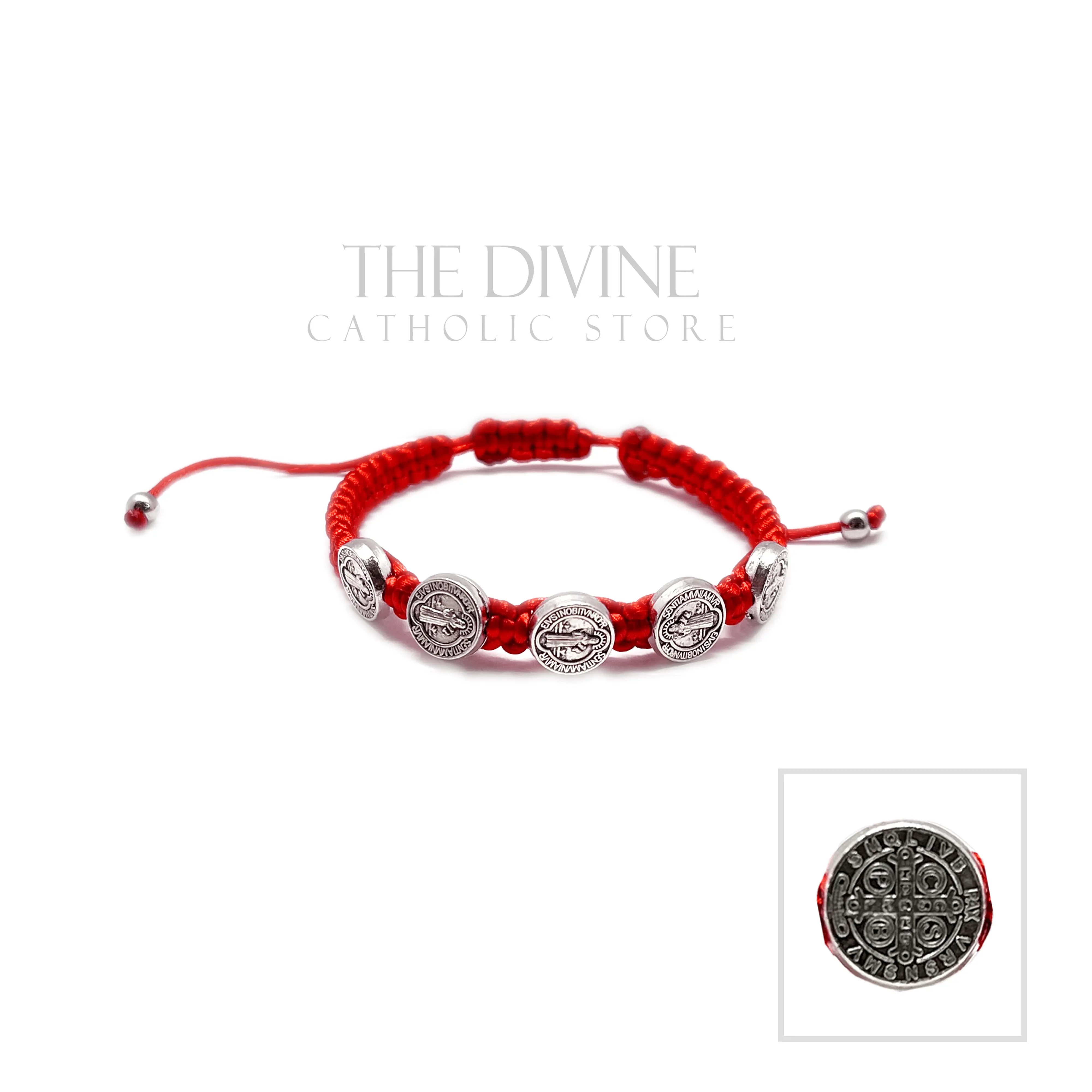 The Divine Catholic Store Red St. Benedict Bracelet 5 Silver Medals Adjustable Nylon Fashion Jewelry for Men & Women