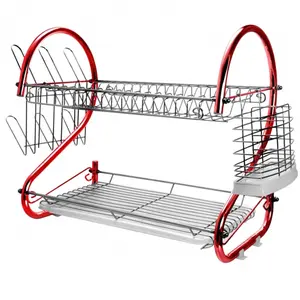 Megachef DR-116R 16 in. Two Shelf Iron Wire Dish Rack, Red, Kitchen, Plastic, Dish Drying Organiser