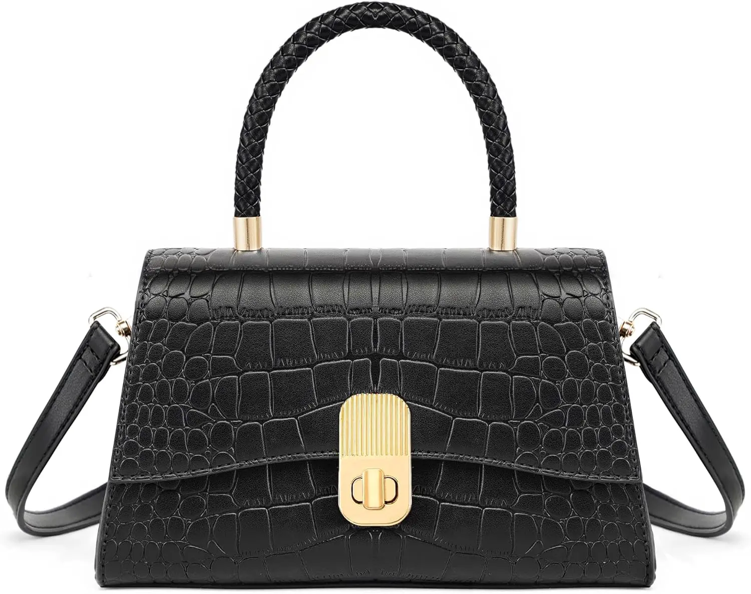 Vintage Shoulder Bags Leather Top Handle Bag Womens Small Cross Body Purse with Detachable Strap Black