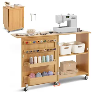 【Summervibes】Folding Sewing Table with Lockable Wheels Storage Shelves Trays Door Wood Color
