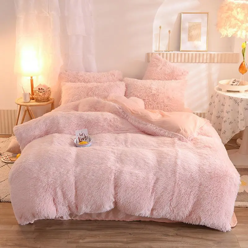 Luxury Thick Fleece Duvet Cover Queen King Winter Warm Bed Quilt Cover Pillowcase Fluffy Plush Shaggy Bedclothes Bedding Set Winter Body Keep Warm Mink Velvet Plain Pattern Four-piece Set