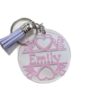 Personalized Name Keychain with Tassel | Custom Acrylic Keychain | Floral Heart Monogram Keychain | Cute Gift for Her | Custom Name Gift