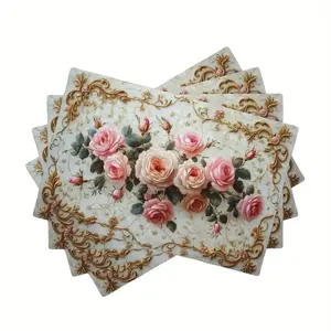 4-piece/6-piece linen kitchen decorative placemat with retro floral pattern, heat-resistant, non slip, and washable, suitable for decorating holiday family gatherings and parties