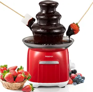 Electric Chocolate Fondue Fountain Machine - Reemix 3-Tier Stainless Steel Cascading Fountain, Easy Assembly & Cleaning, Party/Wedding/Home Dessert Maker, Red