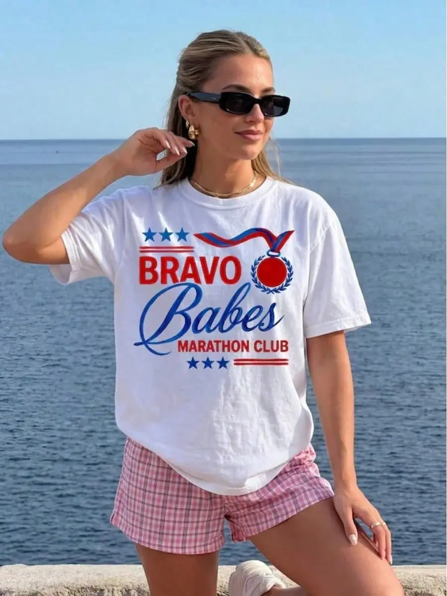 Women's Casual Seamless Vintage Classic Crew Short-Sleeve Breathable Cotton Tee - Drop Shoulder, All Seasons, Fitted, Round Neck, Soft Everyday Shirt (Bravo Babes Marathon Club Real Housewives Themed)