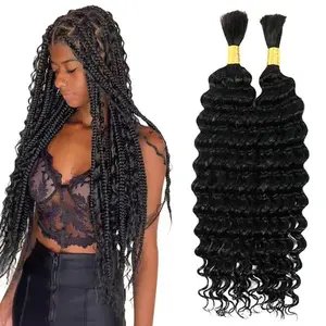 22 Inch Human Braiding Hair for Boho Braids 100g Deep Wave Curly Boho Hair for Braiding Knotless 2 Bundles/Pack Natural Black
