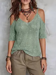 Boho Sequin Casual One-Shoulder Knit Top for Women, Sheer Shoulder Cover-Up, Breathable Mesh Knitwear Sweater for Spring Summer Fall, Womenswear