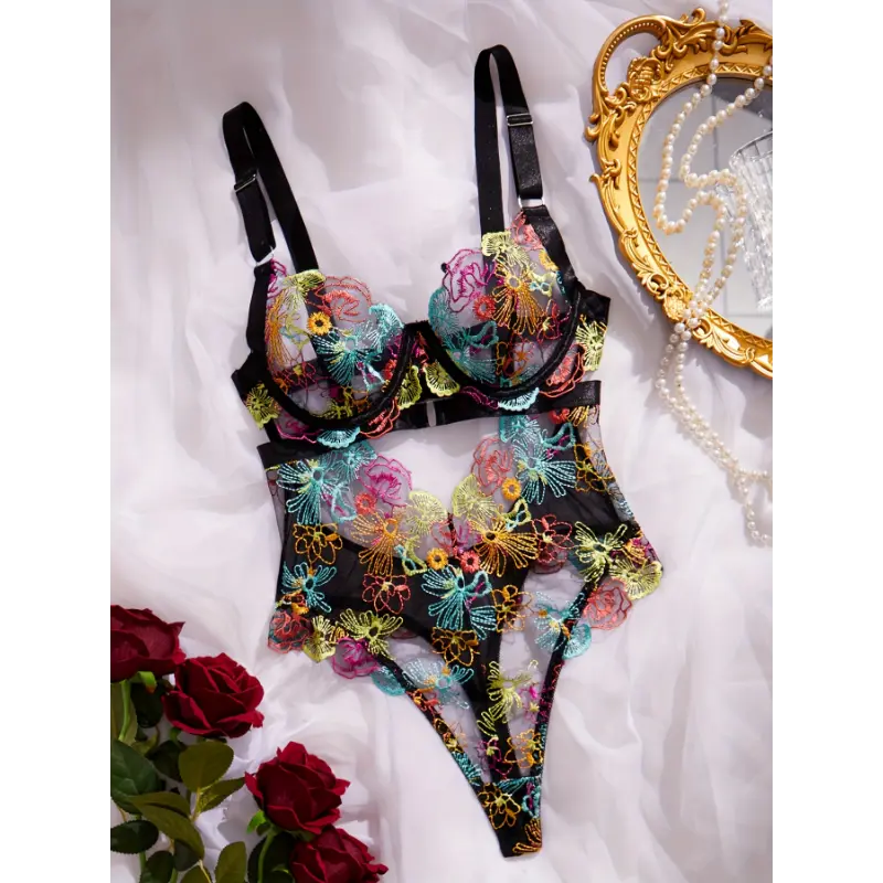 Sexy Floral Embroidery Bodysuit for Women, Semi-Sheer Mesh Knit Valentine's Day Lingerie Teddy, Fabric, Print, Valentines Day, Knit Fabric