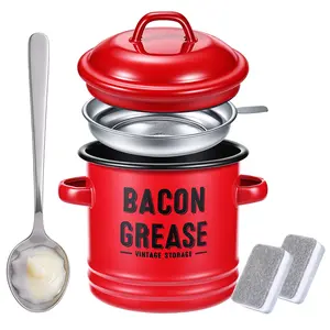 Lake Tian 46oz Bacon Grease Container with Strainer & Lid, Red Large Oil Storage Can, Food Grade Oil Keeper, Dishwasher Safe