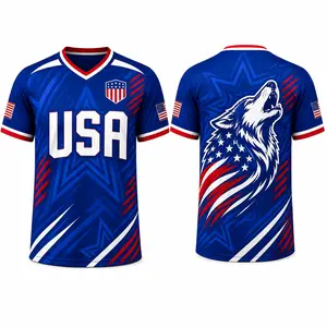 USA-Inspired Patriotic Wolf Graphic V-Neck Sports Jersey for Men & Women, Lightweight Quick-Dry Casual Athletic Top，clothes，outfits，men's wear，men fashion，summer men clothes，fashion men clothes Menswear Stylish Blue