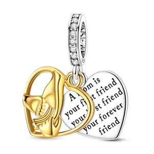 MULA 925 Silver-plated "Mother-Child Bond" Charm (Compatible with Pandora Bracelets) — Featuring a "Holding Hands" Double-Heart Dangle Design Engraved with "Forever Friend"; A Perfect Mother's Day Jewelry Gift.