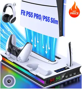 PS5/Pro/Slim Stand and Cooling Station with Controller Charging Station for Playsation 5 Disc Digital Console, PS5 Accessories Incl. 3 Level Cooling Fan, LED, 3 USB Hub, Media Slot, Headset Holder