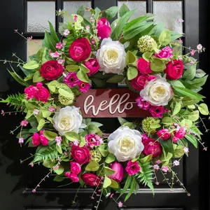 Spring Wreaths for Front Door Outside– 24 Inch Spring Summer Wreath with Vibrant Pink Peony,Tulip & White Rose Flowers and Hello Wooden Sign,Ideal for Farn