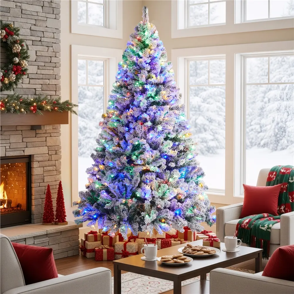 【Multicolored LED】Yaheetech 4.5/6/7.5/9FT Snow Flocked Christmas Tree with Pre-lit Multi-Color Lights, 9 Light Modes with 550 Multicolor LED Lights & 1284 Branch Tips for Home Office Party Decoration