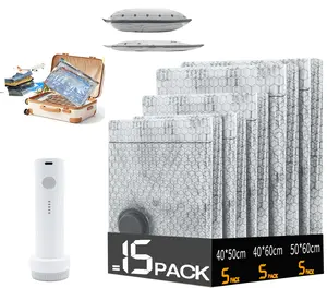 【Premium Multi-Size Vacuum Bags Set 15pcs】Travel Compression Storage Bags with Handheld Pump, Durable Waterproof Space Saver for Suitcase & Closet