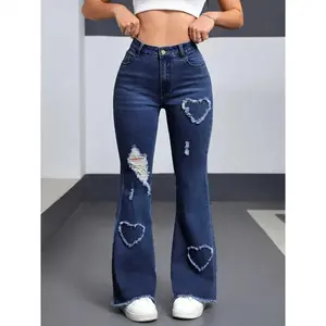 Women'S Casual High-Waisted Flare Jeans with Heart & Tear Detail - Stretchy Denim, Zipper Fly, Mid Waist,Clothing S-2XL