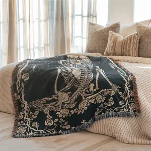 Multi-Function Tassel Woven Blanket - Skeleton Couple Pattern Bed Blanket, Decorative Blankets, Also for Sofa Cover Couch Throw Blanket Armchair Home Decor Tablecloth Shawl Outdoor Picnic Camping