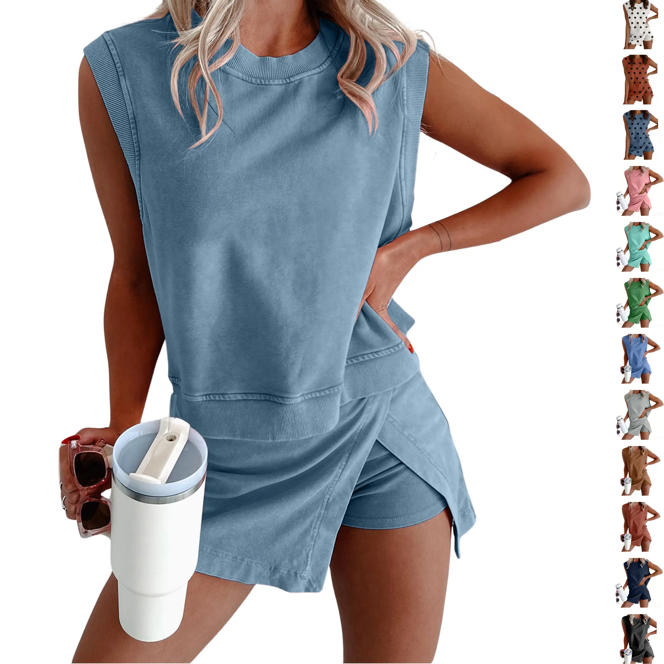 UANEO Summer Sets Women 2 Piece Outfits Shorts Tank Top and Casual Skort Lined Split Athletic Skirt Set Travel Outfit Sportswear Set Workout Sets Elastic Waist Activewear Yoga Clothes Daily Outdoor Wear
