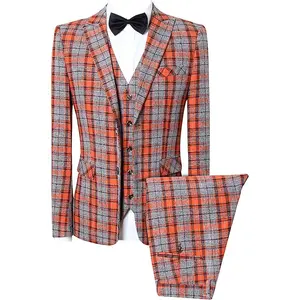 Mens Suit Slim Fit 3 Piece Plaid Checked Tuxedo Formal Business Wedding Suits for Men