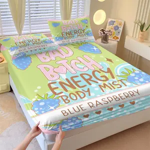Funny Slogan "Bad Btch Energy Body Mist" Fitted Sheet Set Pastel Green Blue Print Bedding with Pillowcase Soft Deep Pocket Mattress Cover for Teens Girls Bedroom Aesthetic Room Decor
