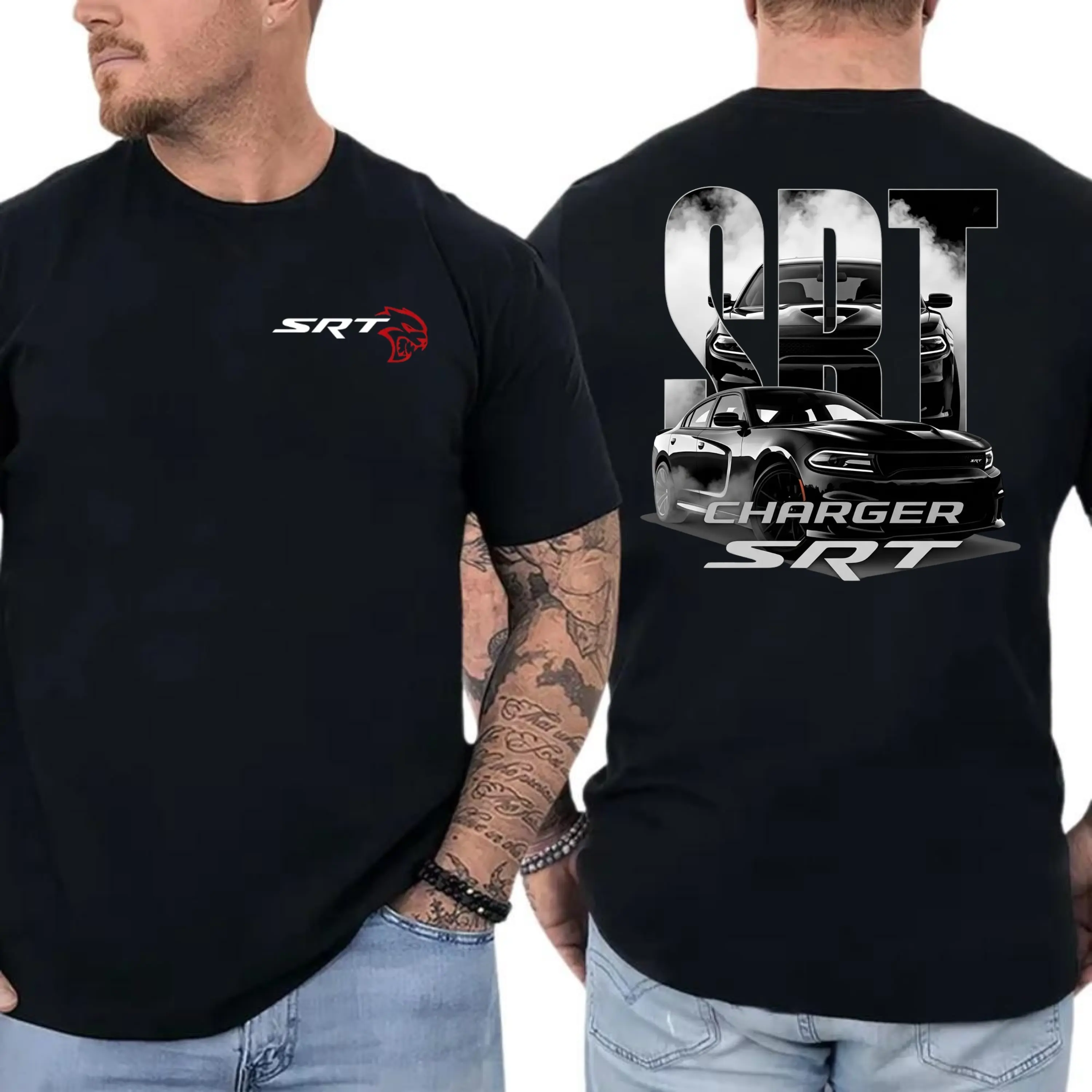 Dodge Charger SRT Hellcat Burnout Graphic, 2 Sides, American Muscle Car Enthusiast Graphic Tee, V8 Supercharged Power Shirt