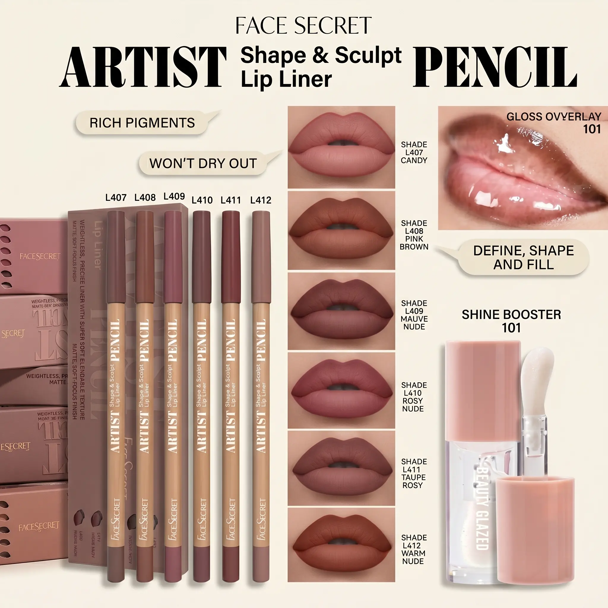 Beauty Glazed Matte Nude Lip Liner & Clear Lip Oil Set | Long-Lasting, Lightweight Hydrating Shine, All-Skin Lip Makeup Combo Gentle Cosmetic