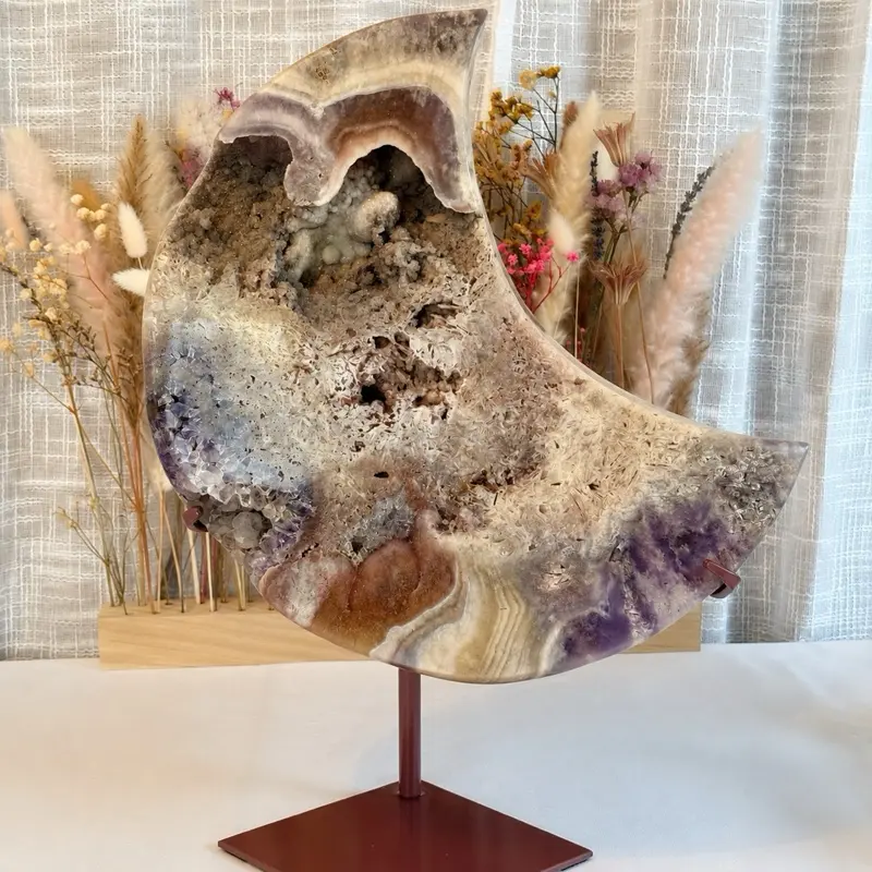 Giant Pink Amethyst Moon - Unique Decorative Piece with Natural Patterns and Earthy Tones