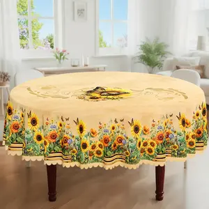 1pc, Spring Summer Themed Party Tablecloth, Vintage Butterfly Sunflower Floral Printed Design, Rectangular/Round/Oval Table Cloth, Embossed Edges, Suitable For Picnic Dinner Kitchen Dining Room Decoration