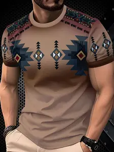 Men's Vintage Ethnic Style T-Shirt, Geometric Pattern Print, Casual Round Neck Short Sleeve, Trendy Summer New Arrival, Aztec Design
