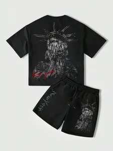 New York City Graffiti Two-Piece Shorts Set, Vintage Short Sleeve & Shorts, Trendy Summer Festival Streetwear, Casual Fitted