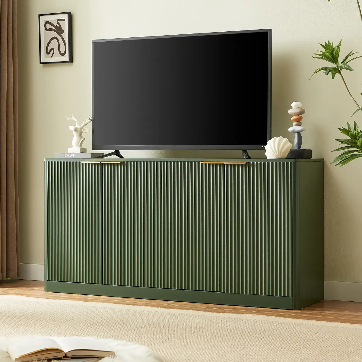 59-in Modern Wavy Curved Contour MDF Wood Sideboard - 4-Door Eclectic Contemporary Storage Cabinet, Wave Panel, Metal Handles, Compartmentalized, Easy Assembly, Floor Protectors, Green, 59x15.7x27.7", Ideal for Living Room & Kitchen