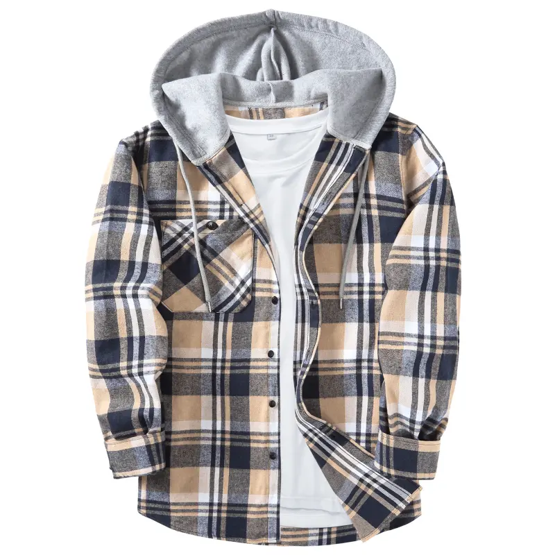 ZITY Men's Big & Tall Plaid Flannel Hooded Long-Sleeve Shirt-Jacket, Casual Top with Pockets Fabric Tops Streetwear Office Dress Soft Menswear Leather Classic