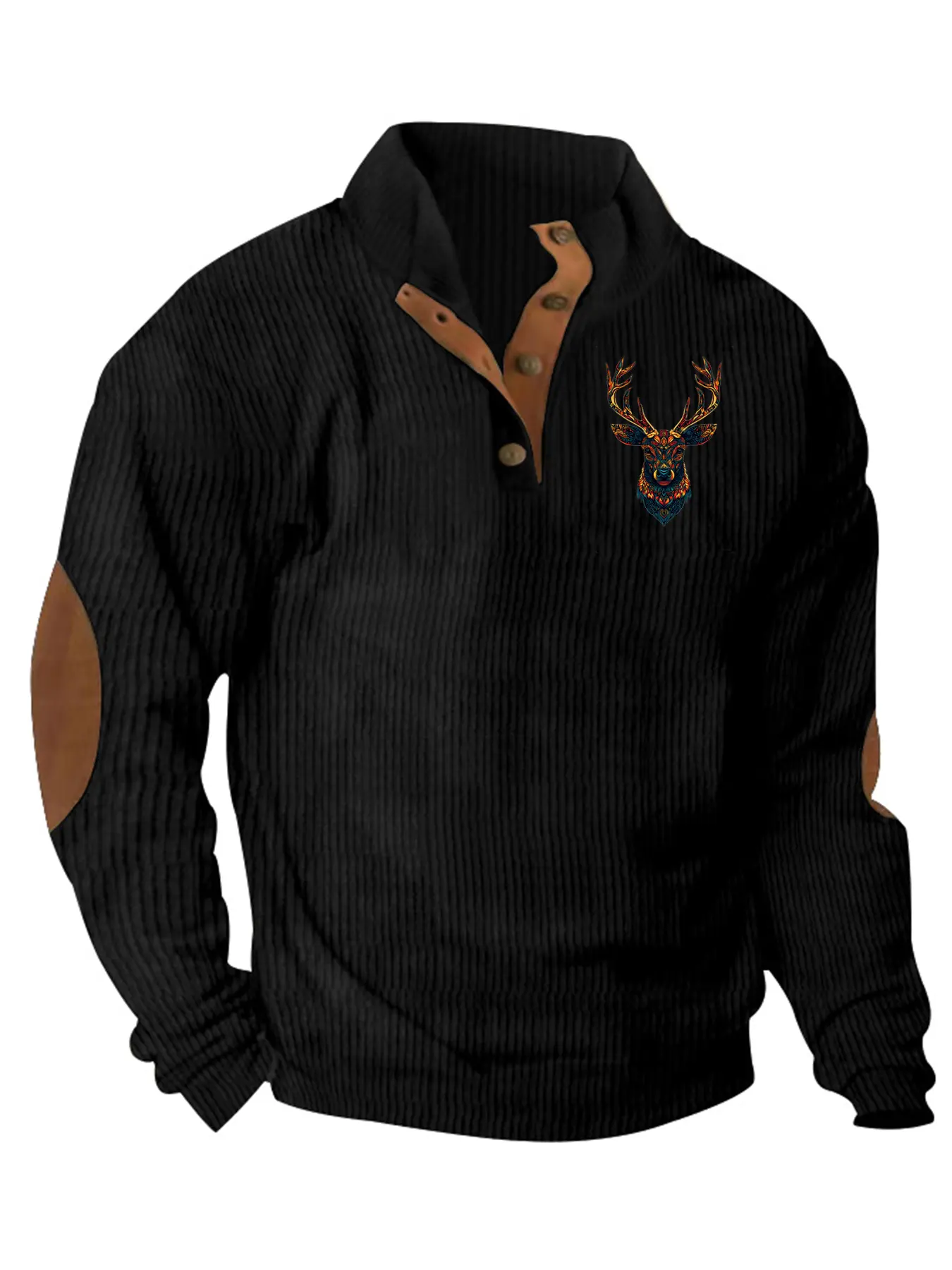 A new men's corduroy henley long-sleeve shirt with a deer print, featuring patch design on the sleeve shaft, comfortable fabric and a casual style suitable for men's daily wear in autumn and winter.
