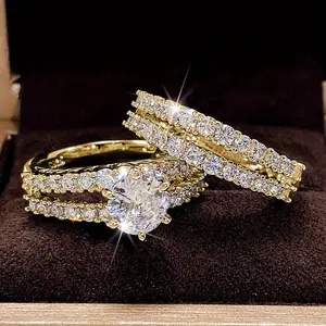 Dai Dai2 Pcs/set Bridal Wedding Rings 18K Gold Plated 6 Prong Setting zirconia Rings For Women Engagement Proposal Jewelry Gift (no Box)