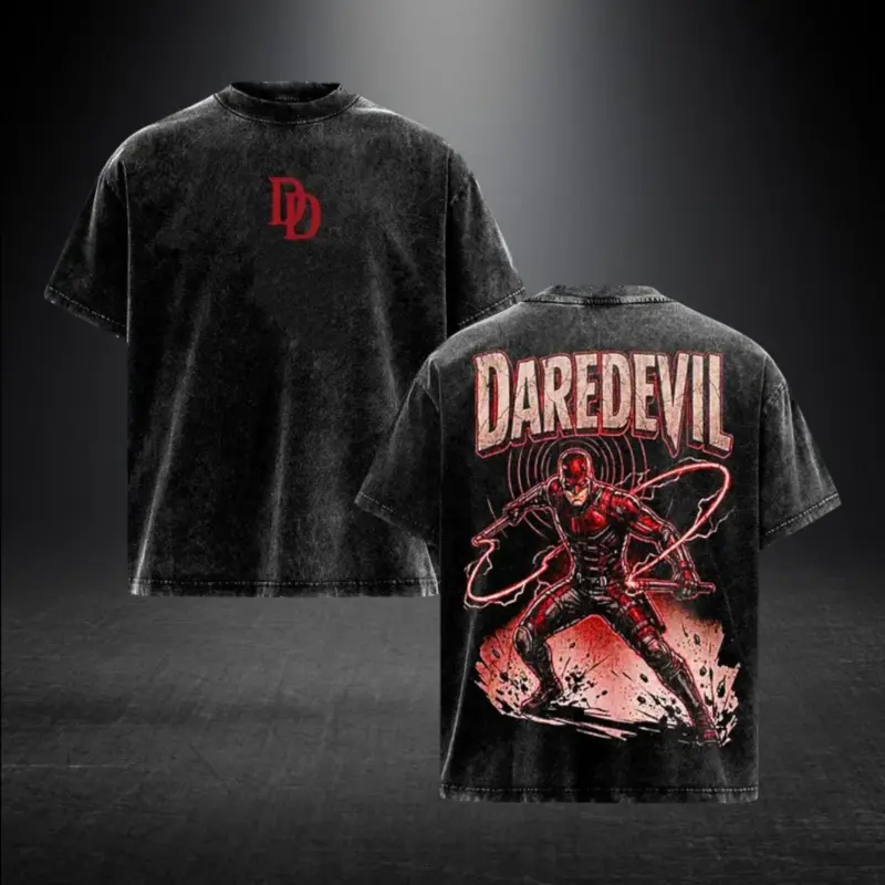 Daredevil Streetwear Graphic T-Shirt Vintage Washed – Man Without Fear Comic Design Tee, Superhero Dark Hero Shirt, Oversized Cotton Graphic Tee for Men Women, Comic Fan Gift Retro Street Style