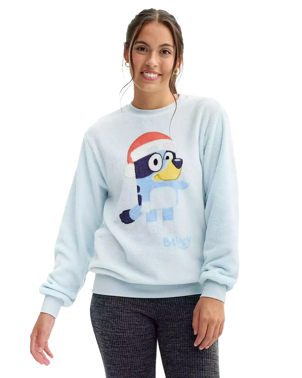 Women's Christmas Graphic Pullover Sweatshirt, Super Soft Plush Crewneck Top with Long Sleeves and Ribbed Cuffs, Fabric, Pajama, Bottom, Simple, Everyday