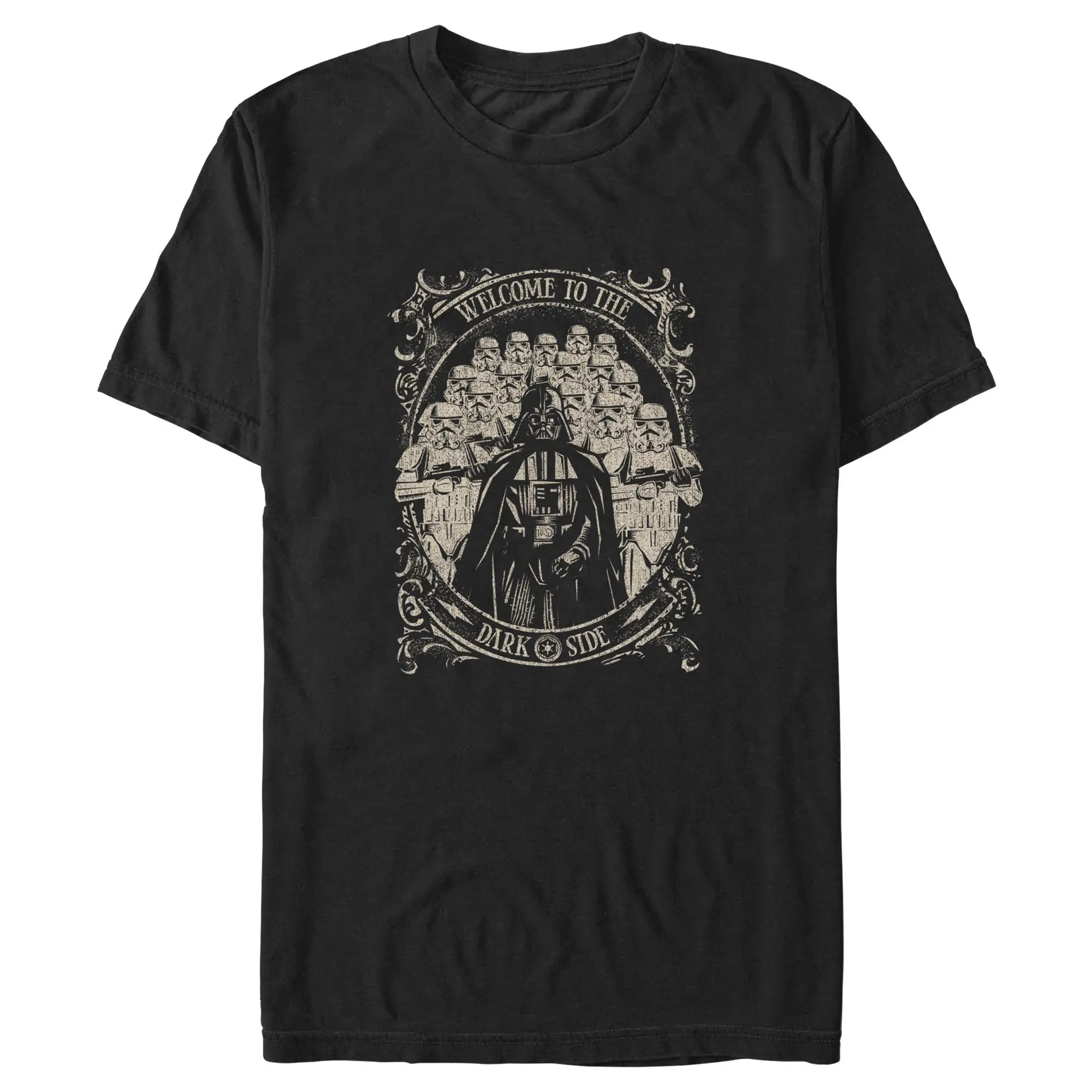 Men's Star Wars: A New Hope Darth Vader and Stormtroopers Welcome to the Dark Side Apparel, Casual Fashion Distressed Short-Sleeve T-Shirt