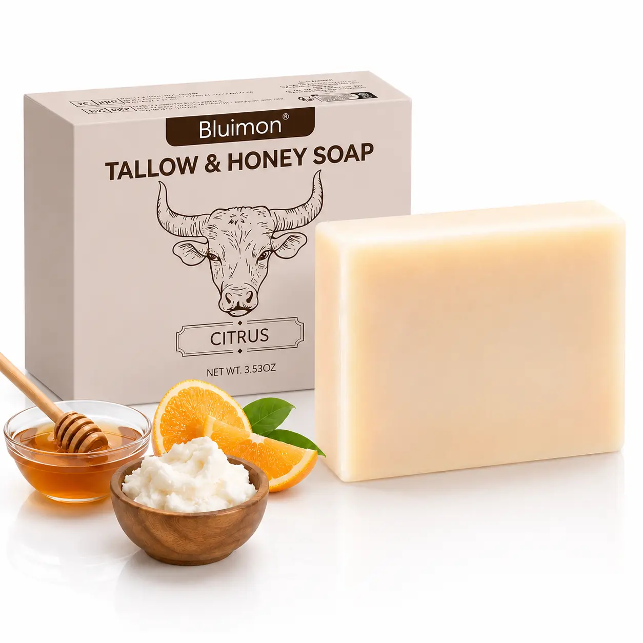 Bluimon Beef Tallow & Honey Soap Bar - Fresh Citrus Scent, Rich Creamy Lather, Daily Body Care Cleanser for Shower & Bath