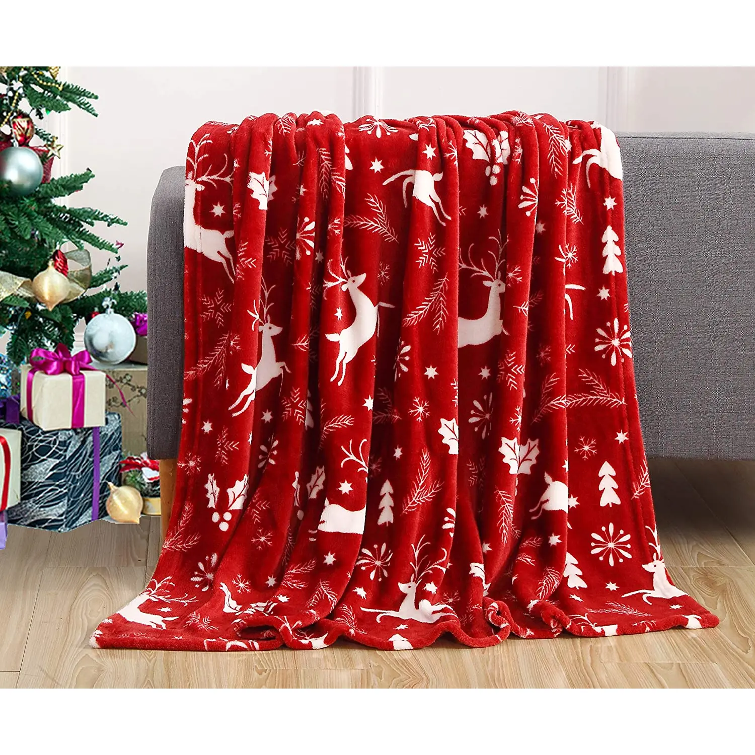 Luxury Velvet Super Soft Christmas Prints Fleece Blanket-Holiday Theme Home Décor Fuzzy Warm and Cozy Throws for Winter Bedding, Couch and Gift, 50 X 60 Inch, Burgundy Reindeer No Brand