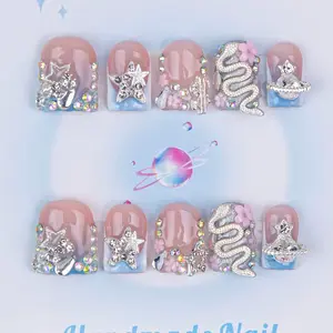 Nailssbysheccid, 10pcs press-on nails, square shape, 100% handmade, simple style, combined with French style, False nail kits, suitable for family dinners, dates, comes with jelly glue, crystal sticks and twisting rods