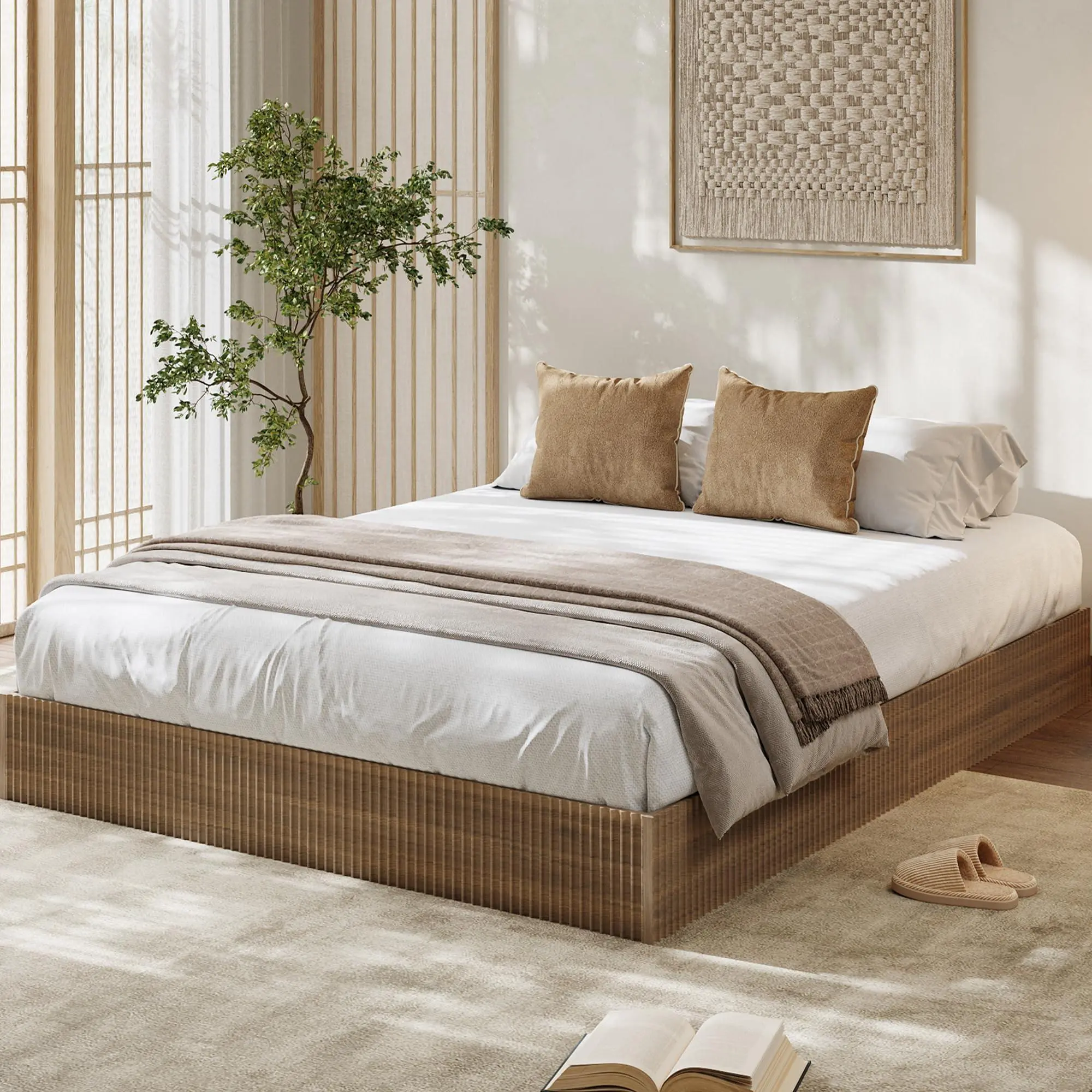 Gaomon King Size Bed Frame, Walnut Wood Platform with Fluted Design, Low-Profile Minimalist Base, Noise-Free, Easy-to-Assemble, No Box Spring Required, King-Size Bed Frames, Walnut Bed Frames