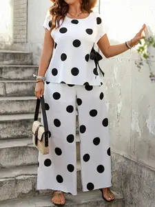 【Plus Size】 Polka Dot Print Round Neck Top & Wide Leg Pants Set, Casual Fashion Cozy Top & Trousers for Daily Outdoor Wear, Women's Clothing for All Seasons, Suits, Casual Outfits Women