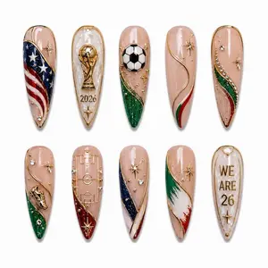Luxury Soccer Press On Nails | World Cup Inspired Nail Set with Gold Trophy | International Football Fan Nails