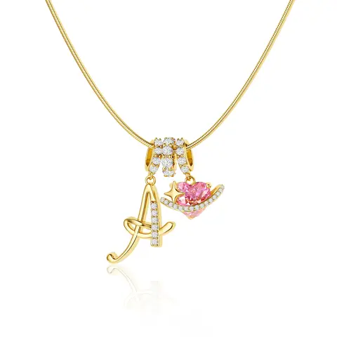 Greenish Spring Jewelry Gold Layered 3-Layering Initial A-Z Letter Pendant Necklaces for Women Snake Chain Choker Personalized Pink Heart CZ Capital Necklace Adjustable Party Jewelry for Back to school