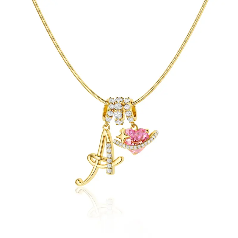 Greenish Spring Jewelry Gold Layered 3-Layering Initial A-Z Letter Pendant Necklaces for Women Snake Chain Choker Personalized Pink Heart CZ Capital Necklace Adjustable Party Jewelry for Back to school